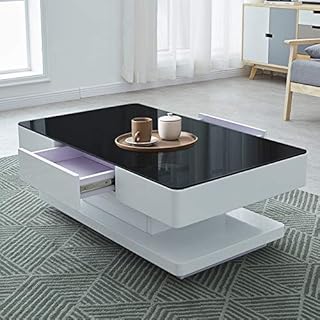 OFCASA Coffee Table with 2 Drawers White High Gloss Coffee Table with Black Glass Top Wood Storage Cabinet for Living Room Home Office 100 x 60 x 35cm