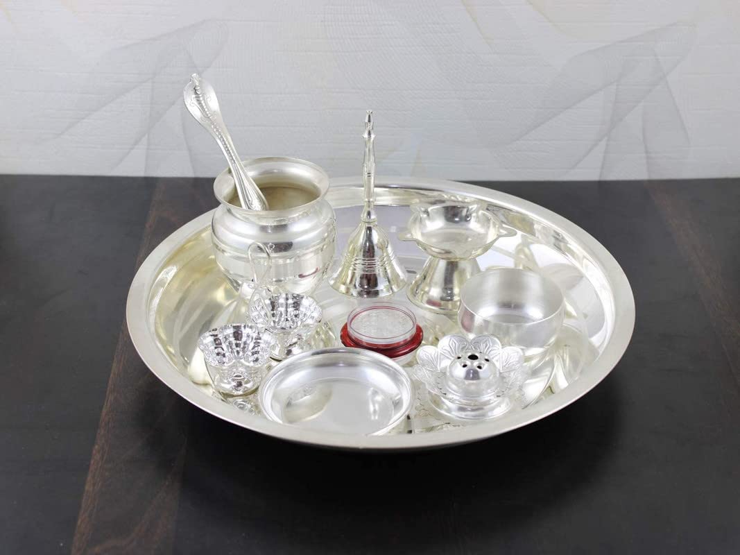 Pooja Thali argent plaqué de 10 pouces Pavitra Tarbhana de luxe