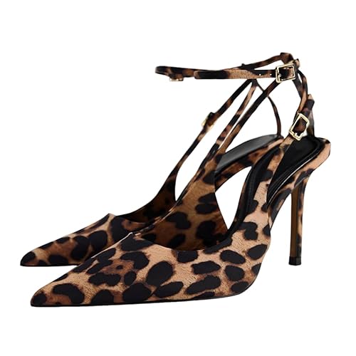 CRETUAO Escarpins à Talons Aiguilles léopard rétro pour Femmes, Bout Pointu, Boucle, Bride à la Cheville, Sexy, pour soirée, Mariage, fête,Léopard,39 EU
