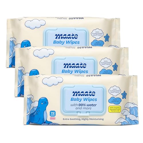 Image of Maate Baby Wipes (Pack of 3, 216 Wipes) | Soothing & Hypoallergenic | Infused With Plant Squalane, Tamanu Oil & Aloe Vera | & Hydrating | Wipe for Baby's | Paraben & Sulphate Free