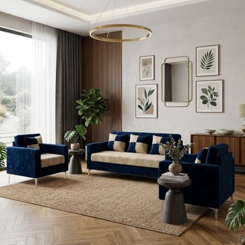 Image of FURNY Lushwood 3 Seater + 1 Seater + 1 Seater Sofa Set (Dark Blue-Cream) | Premium Suede Velvet Fabric Finish | Silver Metal Legs | Durable Comfort Sofa for Modern Living Room & Office Spaces