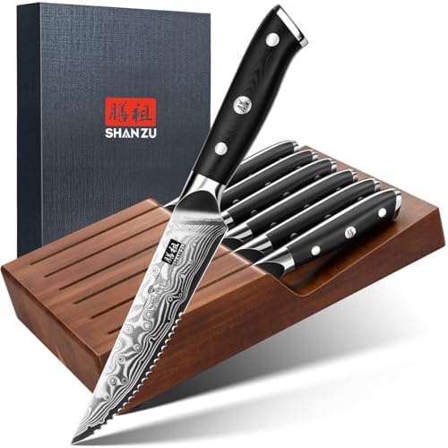 SHAN ZU Damast Steakmesser Set 7-teilig, 6 Messer mit Wellenschliff & Block | 11 cm scharfer Klinge aus 67 Lagen Damaststahl, 10Cr15MoV Stahlkern, G10-Griff & Geschenkbox – PRO Ser