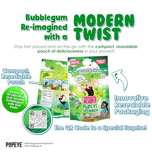Popeye’s Spinach Sugar Free Gum by Bubblegum Kids | Stocking Stuffers, Holiday Candy, Party Favors | Topical Fruit Flavor Chewing Gum | Sugarless Gum, Vegan, Peanut Free, Candy Alternative | 1 Pack