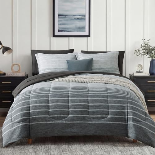 Image of Monbix Twin XL Comforter Set - Extra Long 5 Pieces Dorm Bedding Sets, Grey-Stripe Bedding Sets, All Seasons Comforter Bed Set with Sheets, Pillowcase & Sham