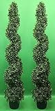 Two 4 Foot Artificial Boxwood Spiral Topiary Trees Pre-Lit with 50 Clear Mini Lights on Each Tree. Potted Outdoor UV Rated Tree. This Tree is not Silk, it is Made Out of a UV Rated Synthetic Material