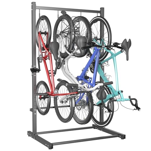 TORACK Garage Freestanding Hanging Bike Stand for Garage, Heavy Duty 4 Bikes Vertical Bike Storage Stand Floor Bike Storage Rack