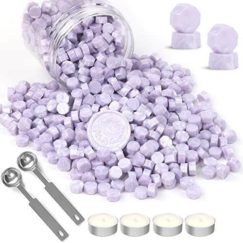 Wasole 400 PCS Light Purple Sealing Wax Beads with Melting Spoons and Candles for Wedding Invitations