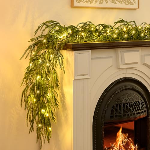 Christmas Garland with Lights for Mantle - 9FT Norfolk Pine Garland Pre-Lit Battery Operated Garlands, Real Touch Artificial Faux Greenery Garland for Fireplace, Table, Stairs & Christmas Decorations