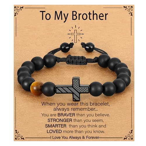 Image of P. BLAKE Cross Bracelet for Boys Men, American Flag Cross Natural Beads Bracelet Christian Religious Birthday Jewelry Gifts for Teen Boys