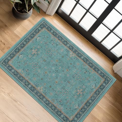 Image of 2x3 Washable Teal Rug for Entryway Indoor, Kitchen Floor Waterproof, Bathroom, Powder Room, Non Slip Low Pile Stain & Fade Resistant, Modern Turquoise Aqua Decor