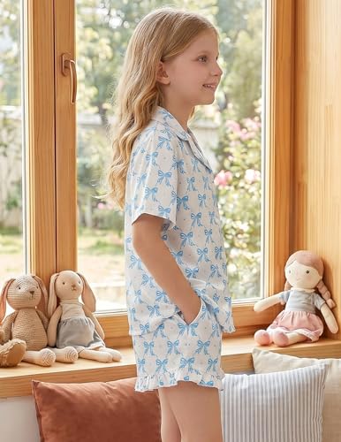 Image of Arshiner Girls Pajamas Silk Satin Pajama Set Button Pjs Ruffle Sleepwear | 2 Piece Nightwear, Silky Soft Lounge for Little & Big Kids, Ideal for Sleeping and Sleepover Party