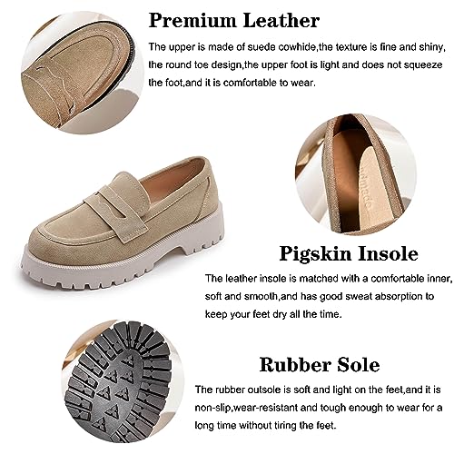 Image of Women's Leather Lug Sole Penny Loafers Classic Round Toe Comfort Slip On Uniform Dress Shoes Casual Fashion Chunky Heel Work Shoes (Blue,7)