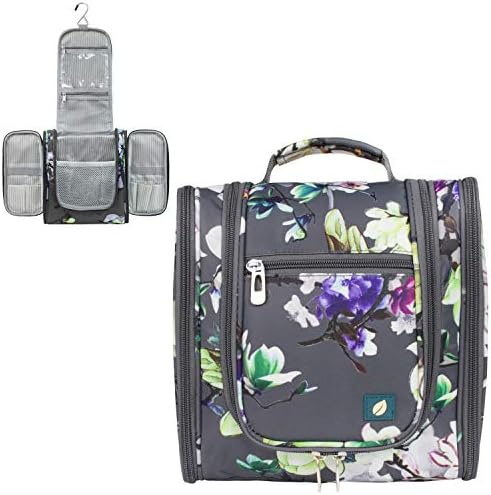 PAVILIA Toiletry Bag Travel Bag for Women Men, Hanging Cosmetic Organizer, Water Resistant Makeup Bag for Accessories Toiletries, Large Travel Essentials Kit (Floral Grey)