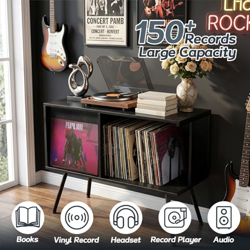 Image of Faesun Flip Top Record Player Stand, Large Turntable Stand Holds up to 150+ Albums, Vintage Mid Century Record Player Table, Stereo Cabinet with Open Storage, for Living Room, Bedroom, Black