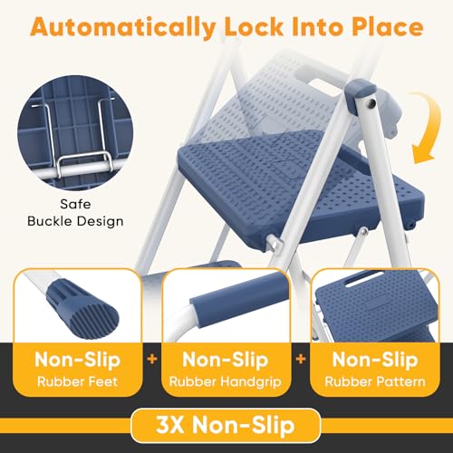KMFurnila Step Ladder 3 Step, Folding Step Stool with Wide Anti-Slip Pedal, Sturdy Steel Lightweight Closet Kitchen Ladder Step Stool for Adults, Blue by KMFurnila - Image 2