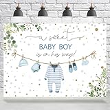 Rsuuinu Baby Shower Backdrop for Boys Blue Gold Dots Jumpsuits A Sweet Baby Boy is On His Way Photography Background Kids Newborn Boys Birthday Party Decoration Supplies Banner Photo Booth Props 7x5ft
