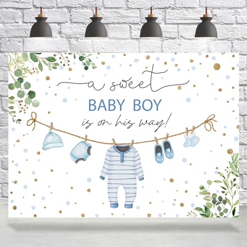 Rsuuinu Baby Shower Backdrop for Boys Blue Gold Dots Jumpsuits A Sweet Baby Boy is On His Way Photography Background Kids Newborn Boys Birthday Party Decoration Supplies Banner Photo Booth Props 7x5ft