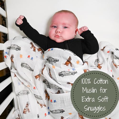Image of LollyBanks Muslin Swaddle Blankets 2 Pack, 100% Cotton Baby Blanket for Boys, Soft and Lightweight 47 x 47 Inches Newborn Swaddles, Gentle Infant Blankets, Baby Essentials (Police Dog and Blue)