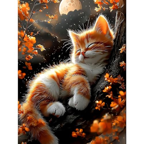 TOSTOG Chaton orange Diamond Painting Kit Adulte, chaton endormi Diamant Painting Images Ronde Diamond Peinture Diamant Adulte, 5D DIY Cristal Débutant Art...