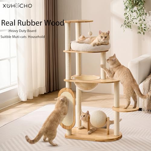 Modern Cat Tree with Scratching Post, Solid Rubber Wood Cat Tree Tower for Indoor Cats with Cotton Nest, Space Capsule, Cat Scratching Ball and Board - Image 4