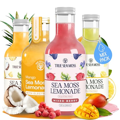 True Sea Moss Lemonade Variety Pack – 4 Flavors Sampler: Lemon, Mango with electrolyte, Berry, Pina Colada – Vegan Hydration Drink – 4 x 12 fl oz Bottles