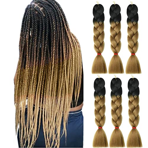 LOHXINHAIR Ombre Braiding Hair 24 Inch 6 Packs Black Blonde Kanekalon High Temperature Synthetic Jumbo Braids Crochet Hair Extensions Soft Yaki Texture