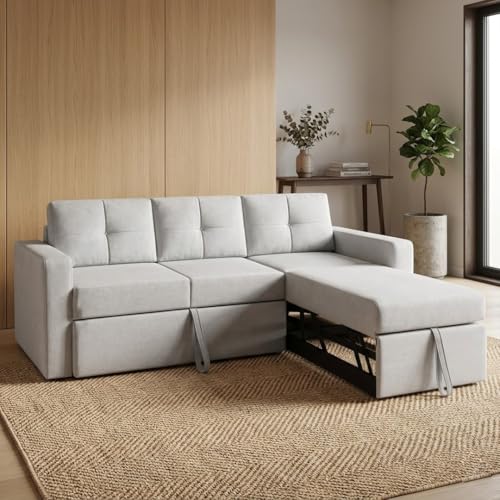 Image of FURNY Tira 4 Seater RHS Lounger Sofa Cum Bed (Light Gray) with Pull-Out Function | Luxury Velvet Suede Finish | Durable Comfort | Ideal for Living Room