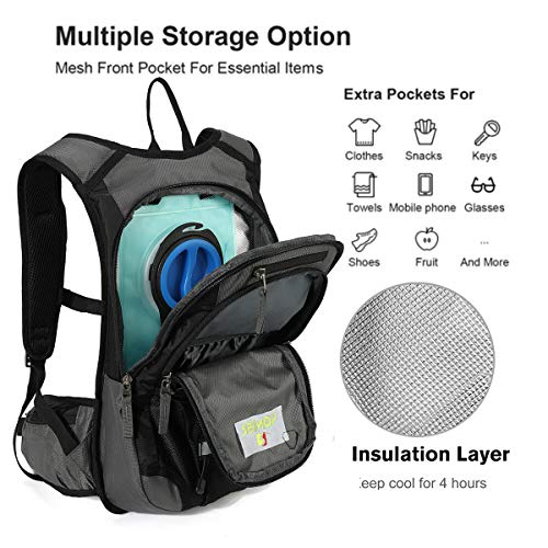 REINOS Hydration Backpack with 2L Bladder for Men & Women, Daypack with Thermal Insulation | Great for Hiking, Running, Cycling, Camping, Skiing, Outdoor Activities (Grey)