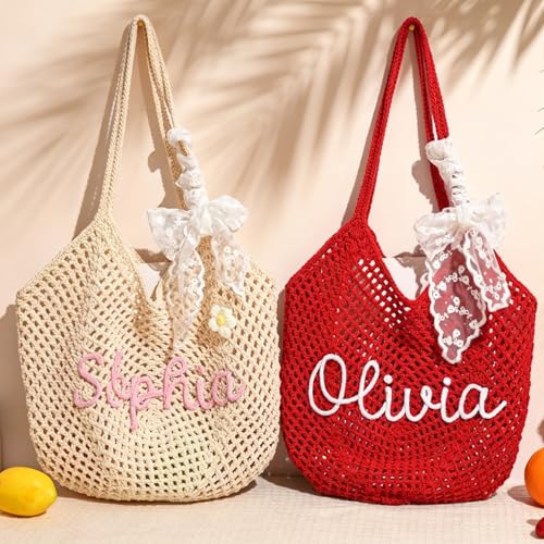 Bolso de playa tejido a mano personalizado VEELU para mujer, bolso tote con nombre personalizado, ligero para viajes y vacaciones de verano miniatura 7