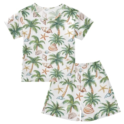 ALAZA Seashell Palm Tree Starfish White Pajamas Short Sleeve 2 Piece Sleepwear Top and Bottom Pajama Set Unisex