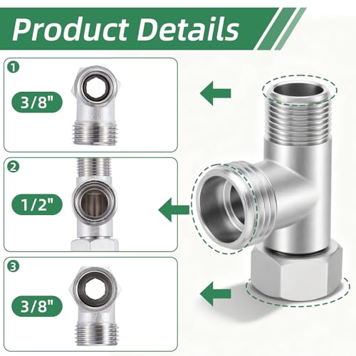 LXUEJIE 3 Wege Ventil T-Stück, Messing T-Anschlussstück 3/8\ Gerade & 1/2\ Seitlich T Stück Wasseranschluss Verteiler mit 1 Unterlegscheiben T-verbindungsstück für WC-Tank Waschmaschine Brausearmatur