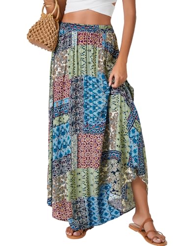 Rooscier Women's Asymmetric Floral Print Ruffle A Line Elastic Waist Boho Flowy Maxi Skirt2