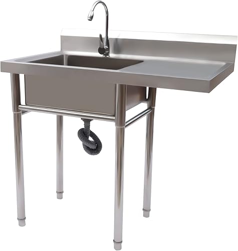 Fregadero independiente de un solo tazón, juego de fregadero de cocina de restaurante comercial con grifo y escurridor, 1 compartimento, lavabo de