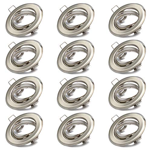 12x Einbaustrahler GU10 Set – 12 Stück Einbaurahmen in Edelstahl gebürstet Optik Inkl. GU10 Fassung für LED oder Halogen Leuchtmittel, 30° Schwenkbar, Rund