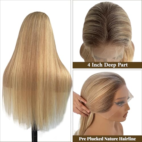 Image of Belaved 13x4 Straight Lace Front Wigs Human Hair for Women, 24 Inch Highlights Ombre Golden Brown Mixed Blonde with Brown Roots HD Lace Frontal Wig Human Hair, Glueless Wig Pre Plucked Bleached Knots