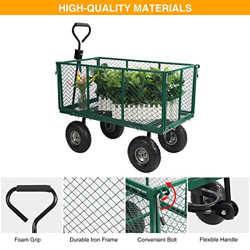 Stonehomy 550 Lbs Capacity Mesh Steel Garden Wagon Carts, Heavy Duty Pullable Gardening Utility Cart Flatbed With Wheels And Removable Sides For Garden Farm Yard Landscape, Green #TOP3