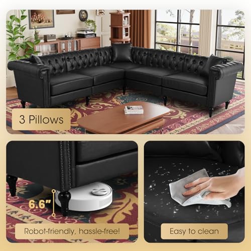 Image of 99.4 Inch 5 Seat L Shaped Couch Faux Leather Sectional Couch with Three Pillows Chesterfield L Shaped Sofa PU Leather Sectional Couches for Living Room Black
