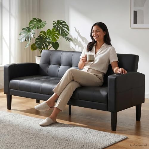 AILEEKISS 62 Leather Loveseat Sofa with USB & Cup Holders