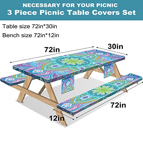 Sotue Picnic Table Cover With Bench Covers 3 Piece Set Elastic Fitted Rectangle Tablecloths Camp Tables Seat Cloth Polyester Oilcloth Vinyl Clothes For Outdoor Waterproof Camping 72X30 Inch Green #TOP1