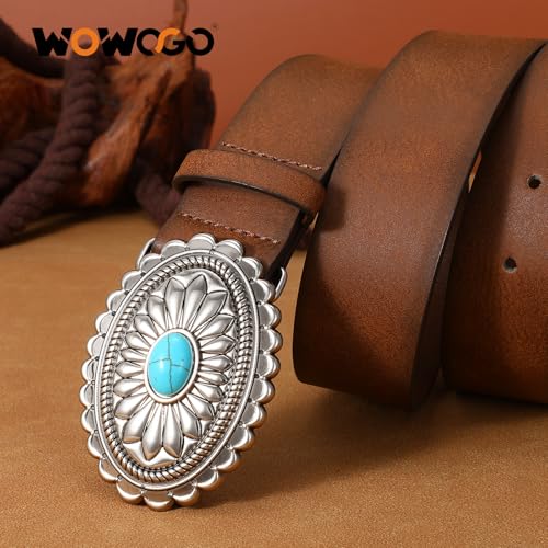 Women-Western-Cowgirl-Belt-Country-Concho Vintage Leather Belt with Concho Turquoise Buckle4
