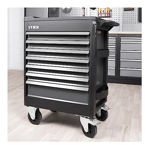 STIER Werkstattwagen Premium, leer und unbestückt, mit Kunststoffabdeckung, Schubladen mit Soft Close Funktion, 6 Hängefächer, Gummi-Rollen mit Bremsen, Zentralverriegelung, Montagewagen, max. 500kg – Bild 5