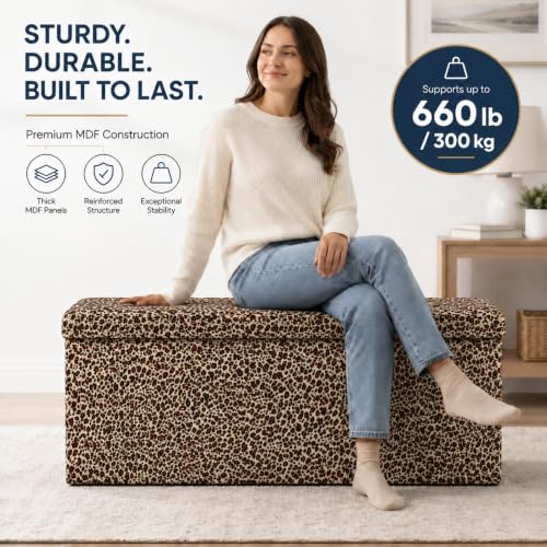 Image of ALASDO 43 Inch Folding Storage Ottoman Bench with Hidden Storage, PU Leather Ottoman Foot Rest Stool, End of Bed Bench for Bedroom, Living Room, Entryway and Closet, Leopard Print