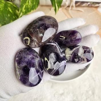 SS Murti Palm Stone Crystal Natural Chakra Reiki Polished Healing Love Oval Pocket Worry Stone Crystals for Anxiety Stress Relief Therapy Geometry Chakra Balancing (Amethyst)