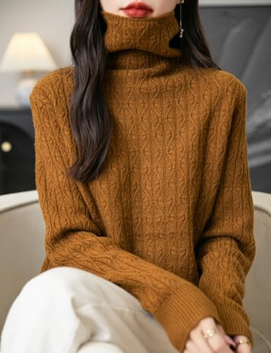 Women's 100% Merino Wool Turtleneck Sweater 2025 Fall Winter Casual Long Sleeve Warm Soft Cable Knitted Sweater2