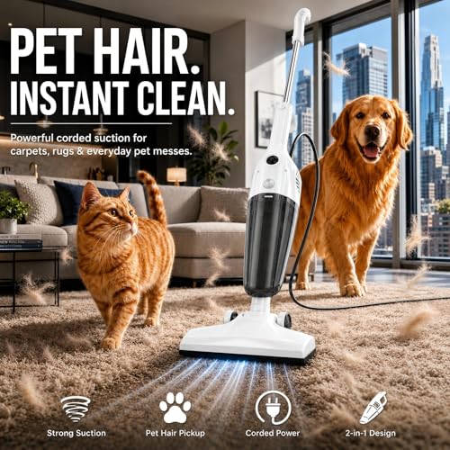 Image of FUNCCUBE Vacuum Cleaners for Home - Corded Stick Vacuum Cleaner, High Power Suction Vac for Pet Hair Carpet Hardwood Floor, Household Hand Lightweight Handheld Portable Car Vac,MC White