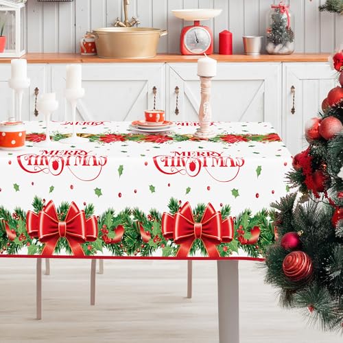 QZYL 2 Pack Christmas Tablecloths, 54" x 108" Xmas Plastic Table Cloth, Poinsettia Holly Bells Design Holiday Disposable Tablecover Rectangle Tablecloth, Christmas Decor Holiday Table Decorations – Image 6