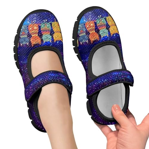 Forchrinse Blue Galaxy Cat Print Toddler Girls Mary Jane Flats,Breathable Slip on Comfort Platform Mary Jane for Kids Dress Walking Shoes3