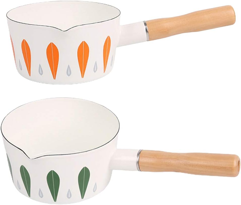 Japanese Style Enamel Milk Pan Mini Butter Warmer 1L Pot Pan Cookware Wooden Handle 15cm Dia-B (B)
