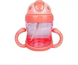 Garrafa de Treinamento Infantil 220ml com Canudo Retrátil – Antivazamento, Alças Laterais, Plástico Rosa