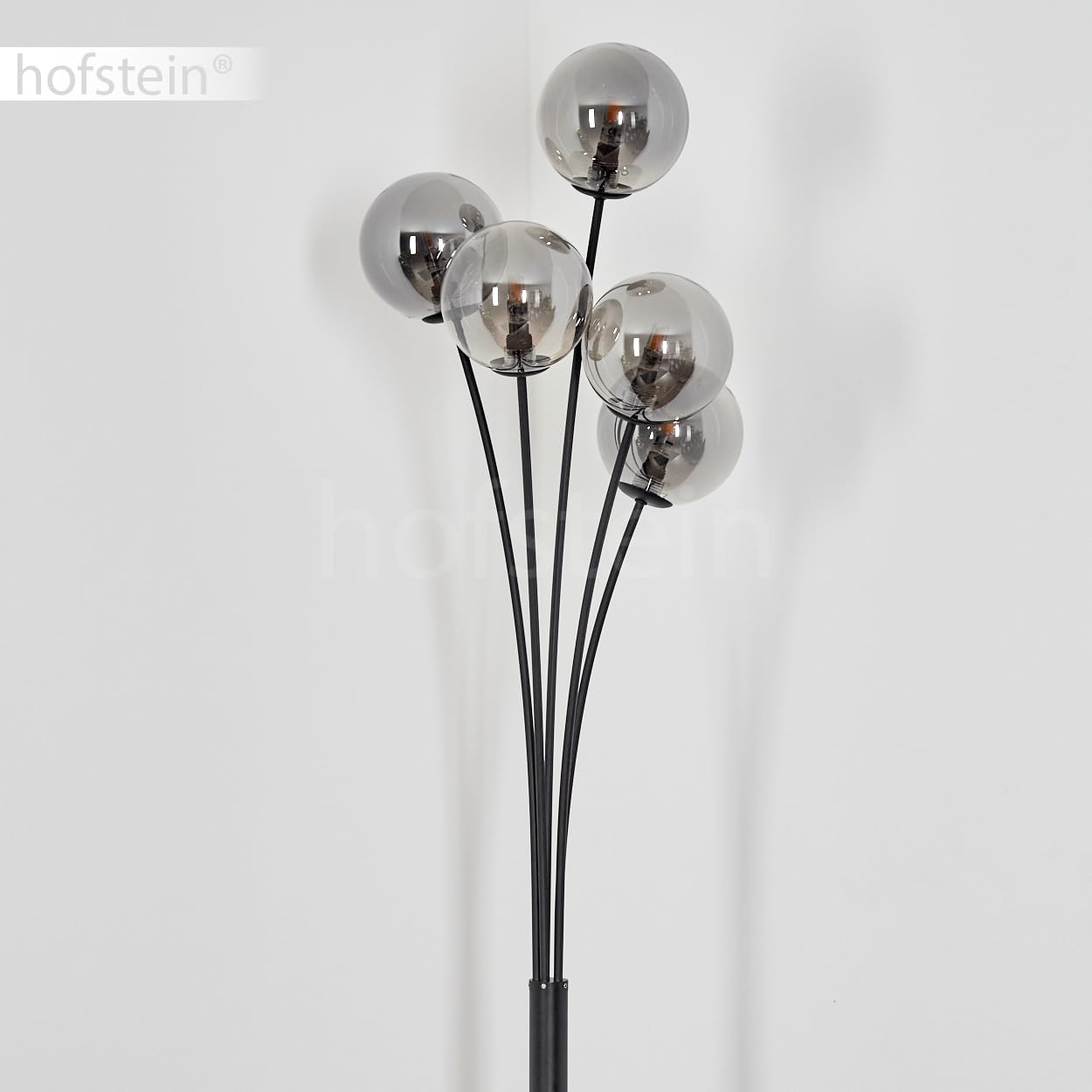 Stehleuchte Bernado, dimmbare Stehlampe aus Metall/Glas in Schwarz/Rauchfarben, Standleuchte mit Glaskugeln (Ø 12 cm), Höhe 174,5 cm, stufenlos dimmbar über Fußschalter, 5 x G9, ohne Leuchtmittel